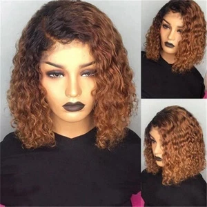 Womens Fashion Short Curly Wig Natural Black Gradient Brown Bob Full Hair Wigs - Picture 1 of 10