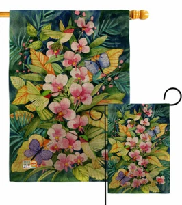 Orchids And Hummingbirds Burlap Garden Flag Animals Bird Gift Yard House Banner - Picture 1 of 19