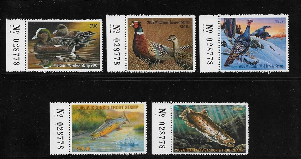 State Hunting/Fishing Revenues: WI 2009; Duck/P/WT/T/GL; Set/5 w/Matched #s; MNH - Image 1 of 1