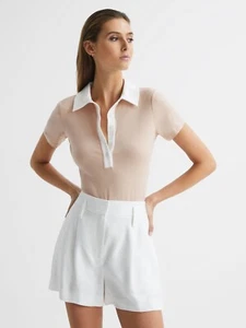 REISS Avery Short Sleeve Polo Bodysuit Top in Neutral/Ivory - Picture 1 of 6