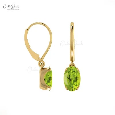 14k Gold Lever back Earring 6x4mm Oval Natural Peridot Dangle Earrings for Women - Image 1 of 4