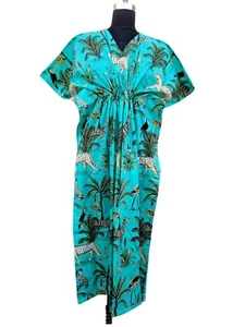 Cotton Printed Kaftan 52” Free Size, Navy Blue with Tropical Bird & Floral Print - Picture 1 of 1