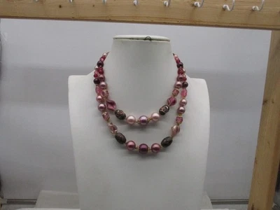 Vintage Japan Light & Dark Pink Glass & Acrylic Double Strand Necklace 15-18 18J - Image 1 of 4