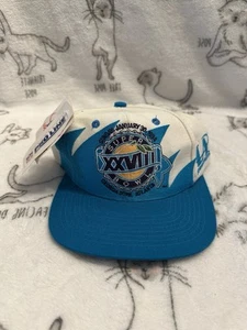 Vintage 1994 Super Bowl XXVIII 28 blau Haizahn Druckknopflasche Mütze Deadstock Neu mit Etikett - Bild 1 von 7