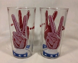 Vintage Red White And Blue Peace V Glasses Tumblers 4 3/4" Dit Dit Dit Dah - Picture 1 of 6