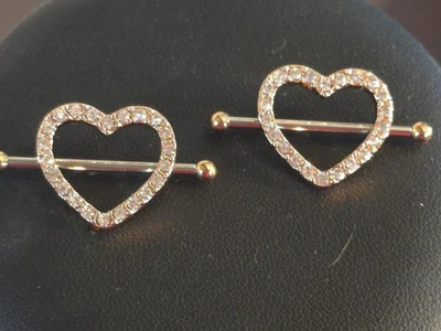 heart rhinestone nipple barbell gold tone 1" - Image 1 of 3