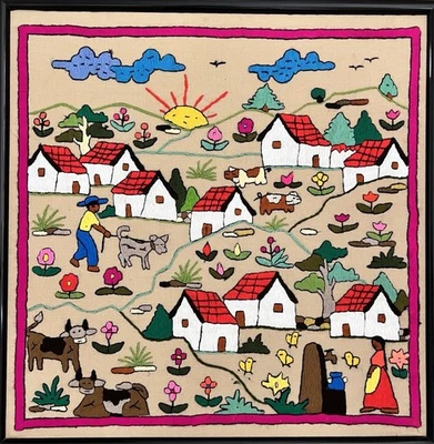 VTG SA Folk Art Handmade Fiber Art 26”X26” Village Mex Crewel Finished - Image 1 of 4