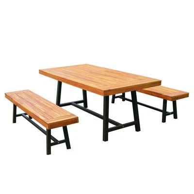 Garden 3 Pieces Acacia Wood Picnic Table and 2 Benches Set Dining Trest - Image 1 of 4