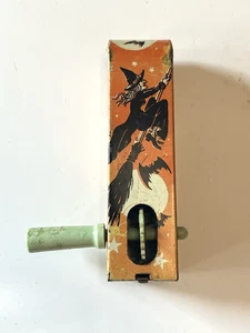 Vintage Halloween Ratchet Noisemaker Tin Litho Witch Bat Cauldron US Metal Toy - Picture 1 of 10