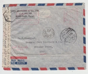 Egypt, 1950 Censored Airmail Cover, Port Said to Aden - Machine Meter Paid - Picture 1 of 1