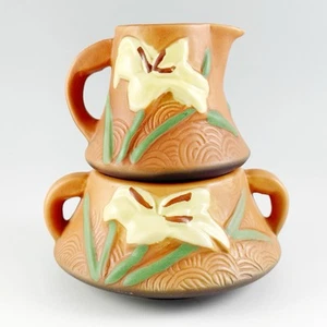 Roseville Pottery Zephyr Lily Sienna Brown Creamer & Open Sugar Bowl Vtg 7-C 7-S - Picture 1 of 14