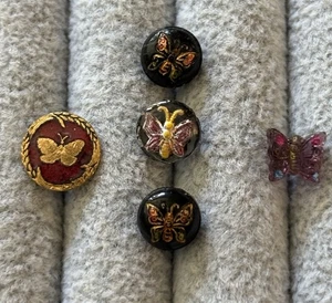 Lot 5 Antique Diminutive Small Glass Charm String BUTTERFLY Buttons, Realistic - Picture 1 of 7