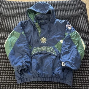 Vintage 90s Milwaukee Brewers MLB Baseball 1/2 Zip Pullover Jacket Starter XXL - Picture 1 of 11