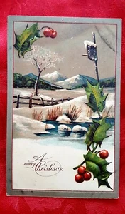 Vintage 1910 Weihnachts Postkarte "A MERRY CHRISTMAS" geprägt ~ Teichszene ~ Deutschland - Bild 1 von 2