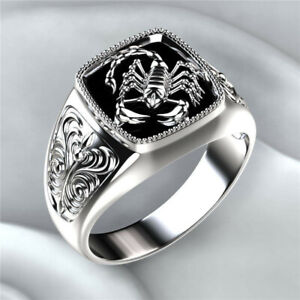 Mens Fashion Silver Signet Scorpion BLACK Biker ring band Jewelry Gifts