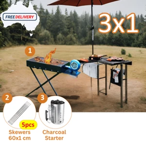 3 in 1 -Large Folding Charcoal BBQ Grill Bundle + Chimney + Skewers (60cm x 1cm) - Picture 1 of 15