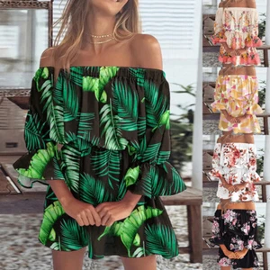 Damen Boho Schulterfrei Blumenmuster Kleid Sommer Urlaub Strand Mini Strandkle ≌ - Bild 1 von 20