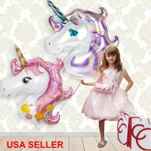 2 GIANT: UNICORN HEAD FOIL BALLOON PINK & PURPLE - BIRTHDAY PARTY RAINBOW SWIRL - Picture 1 of 9
