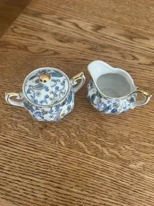 Vintage Lefton China Miniatur Zucker & Milchkännchen Set Blau Gold Paisley Muster - Bild 1 von 15