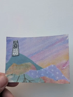 Tarjeta de arte original ACEO dibujo medios mixtos torre encantada firmada por el artista  Foto 1 de 3