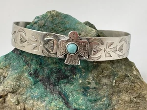 Native American Silver Turquoise Applied Thunderbird Cuff Bracelet 10.23 Grams - Picture 1 of 7