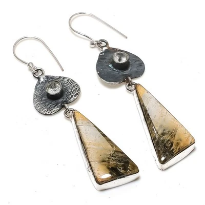 Natural Tiger Eye, White Topaz Gemstone 925 Sterling Silver Earring 2.96" V015 - Image 1 of 4