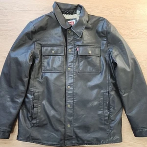 Levis Faux Leather Shirt Jacket Mens Large Black Sherpa Lined Trucker Coat Warm - Picture 1 of 19