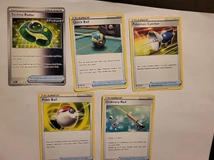 5 Trainer Karten - Gewöhnlicher Rod Poke Ball Quick Ball Techno Radar Pokemon Catcher - Bild 1 von 7