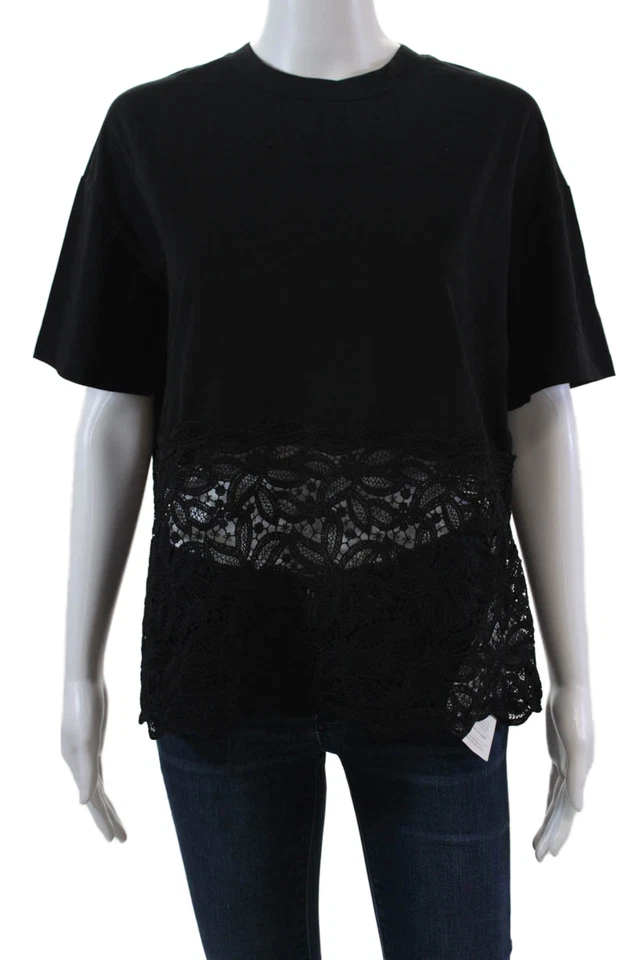 Blusa Top Alpha Studio Mujer Encaje Combo Cuello Redondo Manga Corta Negra Talla 40 Foto 1 de 4