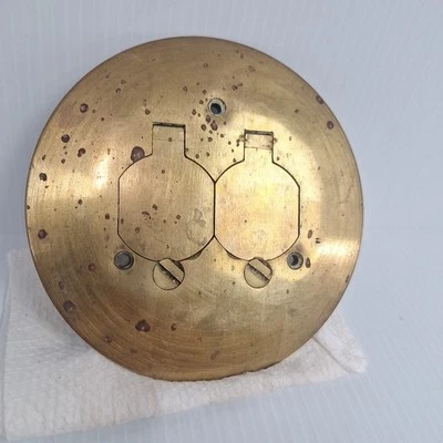 Placa de cubierta de piso de 2 velocidades de toma de corriente de latón redonda de acero vintage de 5,75" Foto 1 de 4