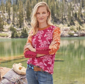 Sundance Bright Shores Thermo T-Shirt Größe XS rosa orange Blumen Samtbesatz gebraucht, in einwandfreiem Zustand - Bild 1 von 11