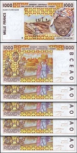 West African States, BENIN 1000 Francs 2002, UNC, 5 Pcs LOT, Consecutive,P-211Bm - Picture 1 of 4