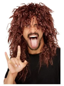 Smiffy Brown Curly Haired Hard Metal Rocker Wig - Picture 1 of 2