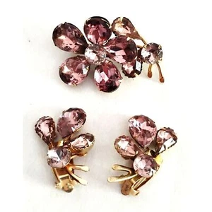 50s 60s Vintage Lavender Rhinestone Floral Jewelry Set, Brooch and Earrings - Picture 1 of 4