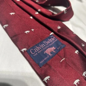 Novelty 100% Silk Mens Tie Calvin Swine Necktie Pork Pink Pigs Navy 55 x 3” EUC - Picture 1 of 4