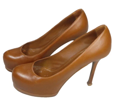 YSL Saint Laurent Tribtoo Tribute  Pumps Shoes 37 7 Brown Leather Platform $825 - Image 1 of 4