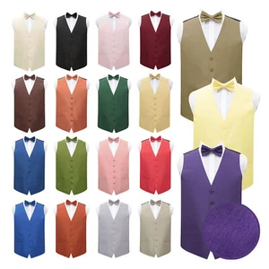 Mens Waistcoat & Bow Tie Set Plain Shantung Formal Wedding Tuxedo Vest by DQT - Picture 1 of 44