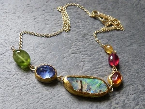 Collier en or 18 et 24 ct, argent, opale boulder d'Australie, pierre précieuse - Imagen 1 de 19