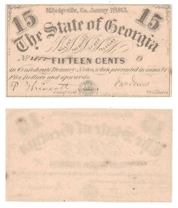 1863 15 Cent The State Of Georgia Milledgeville Cr-17 Uncirculated #2855 O - Picture 1 of 1