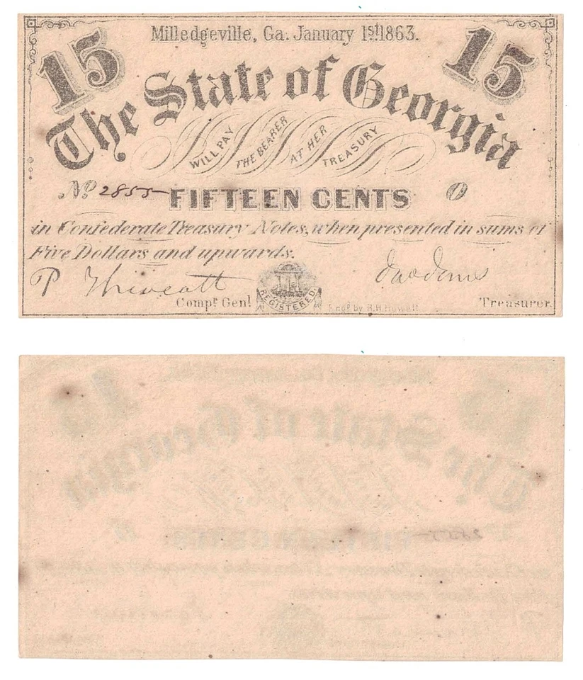 1863 15 Cent The State Of Georgia Milledgeville Cr-17 Uncirculated #2855 O - Image 1 of 1