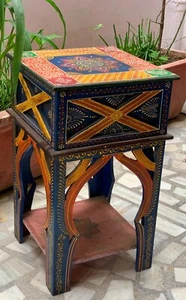 Wooden table with drawer embossed painted bedside stool traditional home decor - Picture 1 of 12