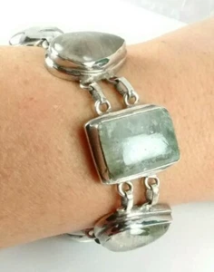 Sterlingsilber Doppelglied grün grau gefleckt Crackle Quarz 8" Knebelarmband - Bild 1 von 12