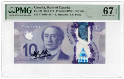 2013 Canada Bank BC-70b 10 Dollars SIGNED Autographed by POLOZ Banknote UNC - Image 1 of 3