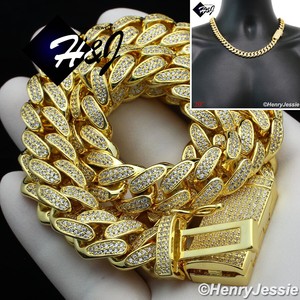 20"MEN 14K GOLD FINISH 12MM ICY DIAMOND GOLD MIAMI CUBAN CURB CHAIN NECKLACE*GB4