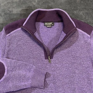 St Croix Men’s M Wool Blend Half Zip Mock Neck Sweater Purple USA Knit Elbow - Picture 1 of 13