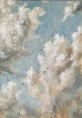 ОРИГИНАЛЬНАЯ картина маслом изобразительное искусство импрессионизм небо облака и птицы 5 «x 7» - Изображение 1 из 4