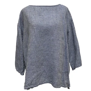 Eileen Fisher Organic Linen Chevron Boat Neck Top Sz M Blue 3/4 Sleeve Lagenlook - Picture 1 of 9