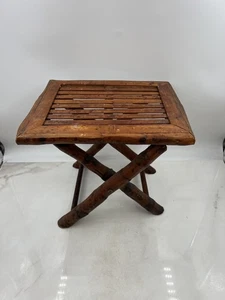 Vintage Rustic Folding Bamboo Wood Side Table Camp Stool 13x13" Square Portable - Picture 1 of 14