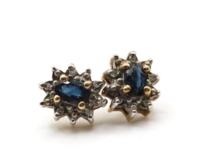 LOVELY LADIES 10k YELLOW GOLD EARRINGS w 10 SINGLE CUT DIAMONDS & 2 SAPPHIRES * - Picture 1 of 11