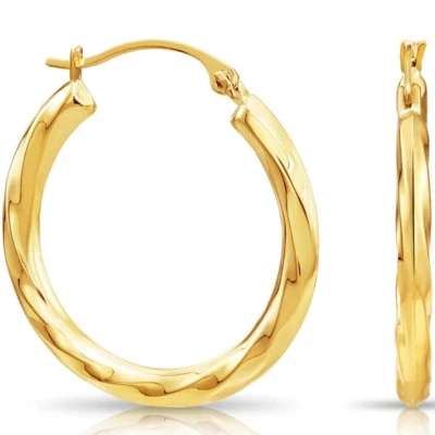 14K Real Solid Yellow Gold Twisted Round Creole Medium Hoops Earrings 2MM x 22MM - Image 1 of 4